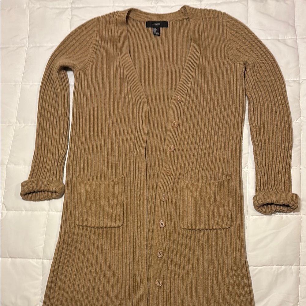Forever 21 Light Brown Long Cardigan with Ribbed Knit Pattern Size S